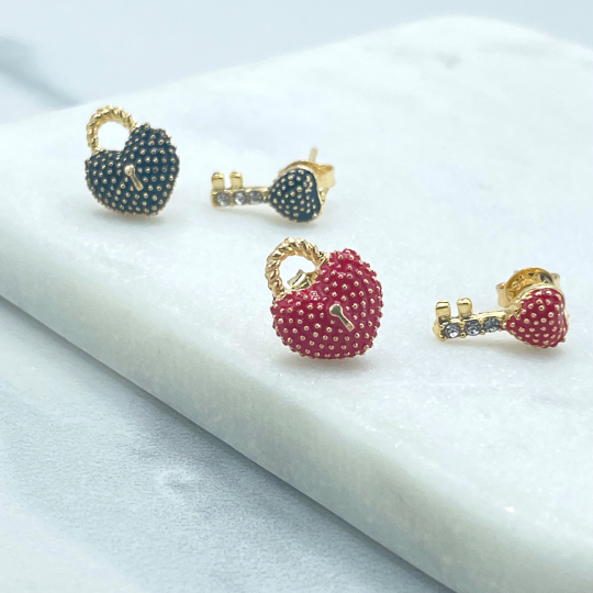 18k Gold Filled Cubic Zirconia Details and Black or Red Enamel Heart Shape Lock & Key, Pair Stud Earrings