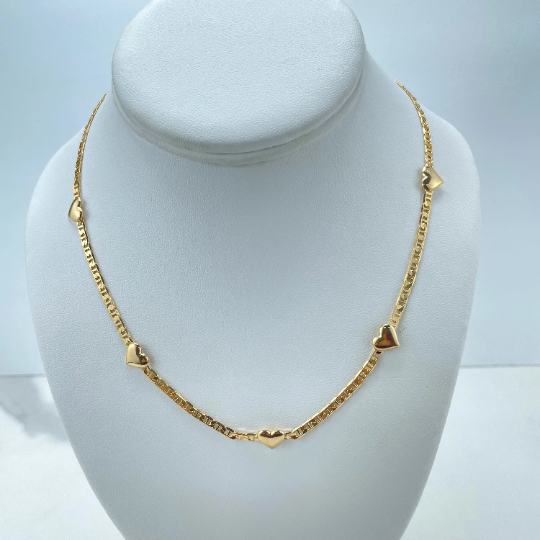 18k Gold Filled 3mm Mariner Link Chain with 05 Hearts Charms Linked Necklace