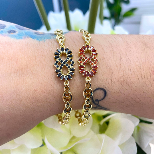 18k Gold Filled Red or Black Baguette & CZ Puff Mariner Link Bracelet, Wholesale Jewelry Making Supplies