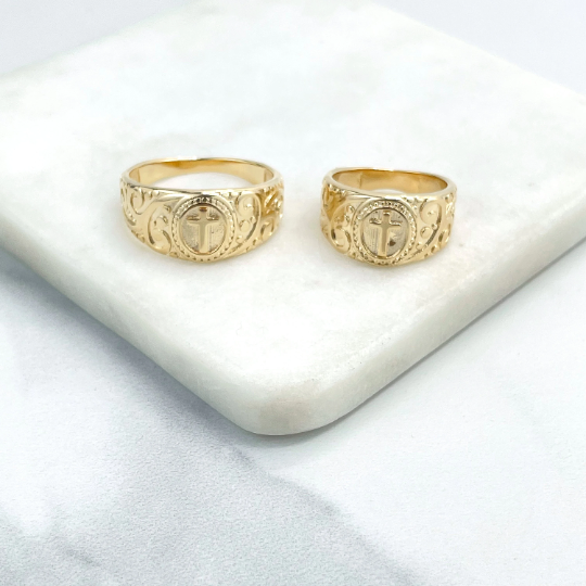 18k Gold Filled Jesus Cross Signet Ring with Arabesques Side, Religious Ring