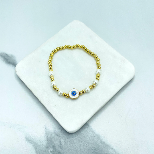 18k Gold Filled Simulated Pearl and Gold Beads Bracelet with Enamel Colored Round Shape Evil Eye Charm Wholesale Jewelry Making Supplies