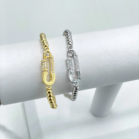 18k Gold Filled or Silver Filled Micro Cubic Zirconia Pin Shape Charm, Beaded Fancy Fashion Bracelet, Wholesale Jewelry Making Supplies