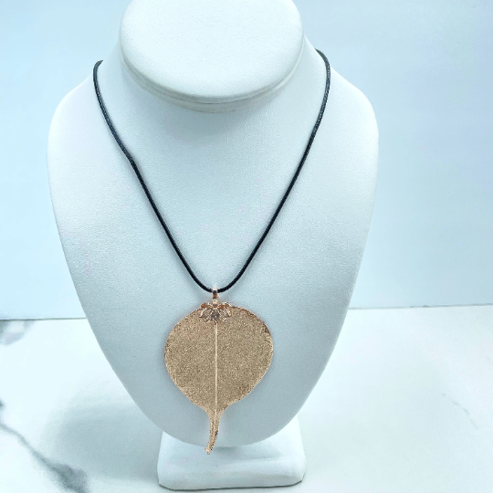 18K Gold Filled, Silver Filled or Rose Gold Large Pendant Hand Made with Real Leaf & Black Cord Chain Necklace