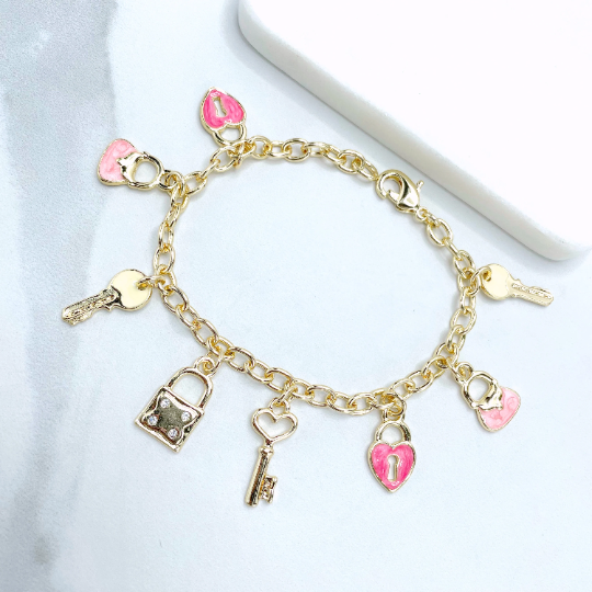 18k Gold Filled Pink Charms Oval Link Bracelet