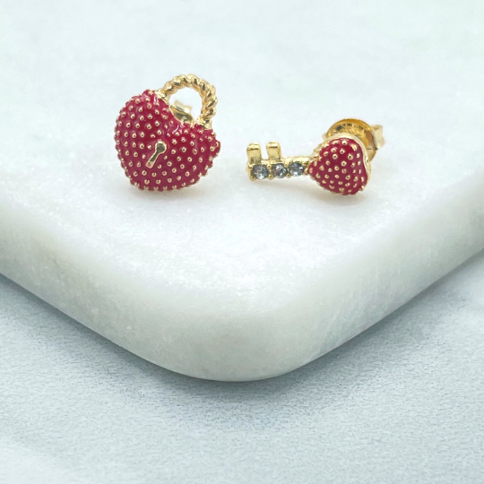 18k Gold Filled Cubic Zirconia Details and Black or Red Enamel Heart Shape Lock & Key, Pair Stud Earrings