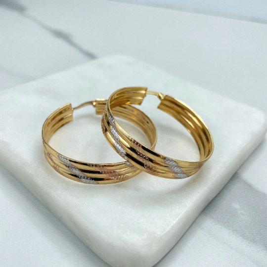 18k Gold Filled 39mm Tri-Tone, Tri-Color Flat & Texturized Diamond Cut Design Hoops Earrings