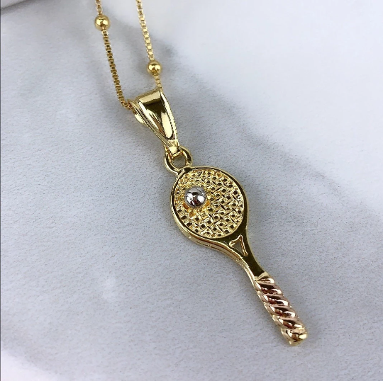 18k Gold Filled Three Tone Tennis Racquet and Ball Pendant Charms