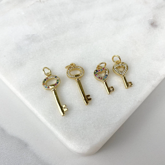 18k Gold Filled Key Pendants With Micro Pave Cubic Zirconia Clear or Multicolor