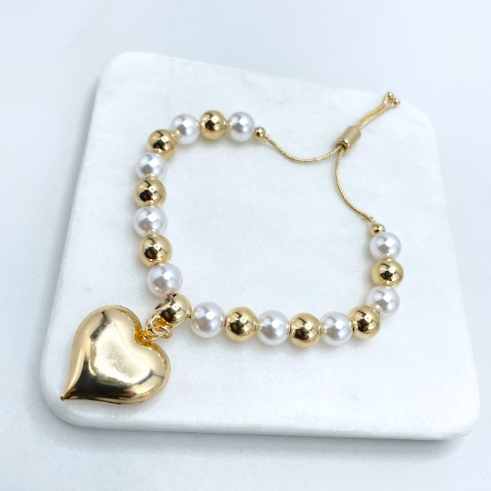 18k Gold Filled Simulated Pearls Heart Charm Adjustable Bracelet