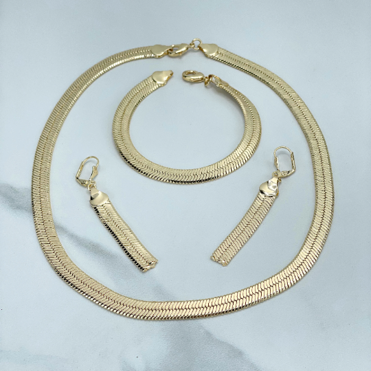 18k Gold Filled Herringbone Snake Chain 8mm SET with Chain, Bracelet & Drop Earrings