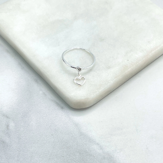 925 Sterling Silver Cubic Zirconia Detail and Dangle Cutout Dangle Heart Charm Ring