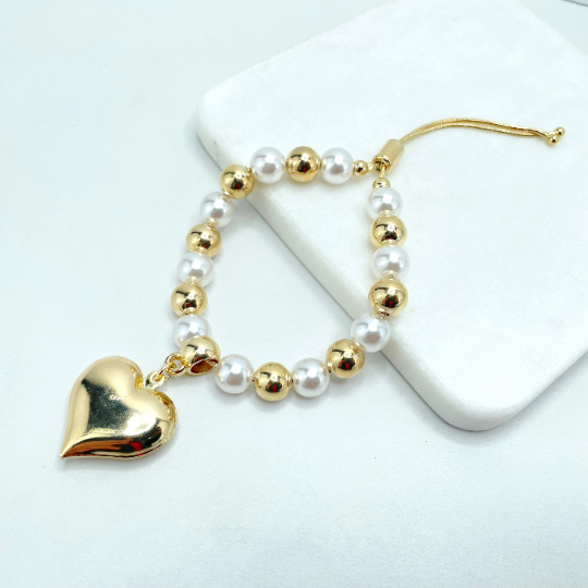 18k Gold Filled Simulated Pearls Heart Charm Adjustable Bracelet