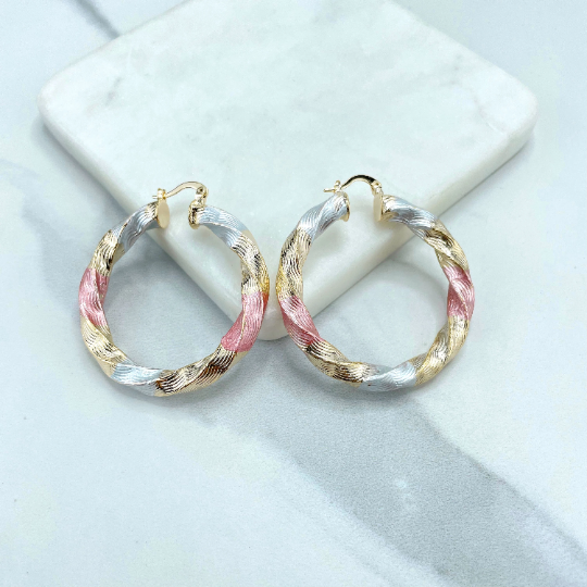 18k Gold Filled 35mm or 45mm Tri-Tone, Tri-Color, Gold Silver Pink, Twisted Design Hoops Earrings