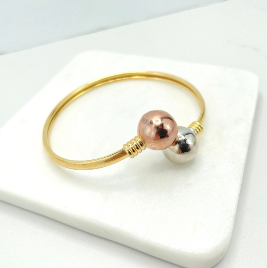 18k Gold Filled Three Tone Wrist Cuff Bangle with Two Toned Balls