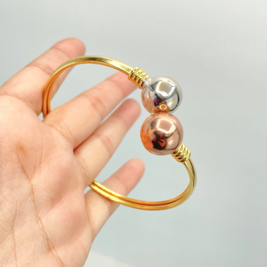 18k Gold Filled Three Tone Wrist Cuff Bangle with Two Toned Balls