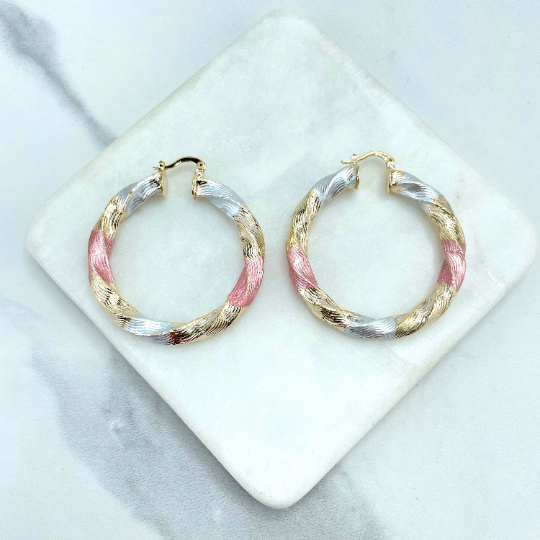 18k Gold Filled 35mm or 45mm Tri-Tone, Tri-Color, Gold Silver Pink, Twisted Design Hoops Earrings