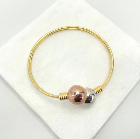 18k Gold Filled Three Tone Wrist Cuff Bangle with Two Toned Balls