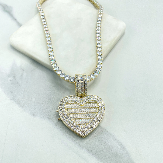 18k Gold Filled or Silver Filled Clear CZ Locket Heart Pendant for Picture Photo & Tennis Chain