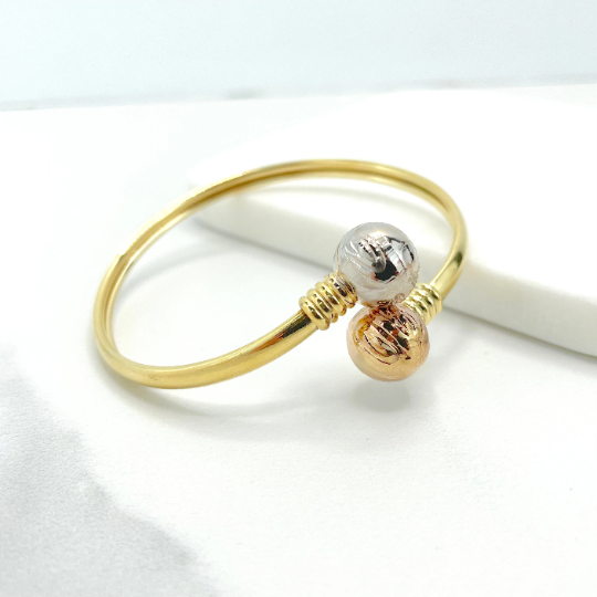 18k Gold Filled Three Tone Wrist Cuff Bangle Texturized Balls