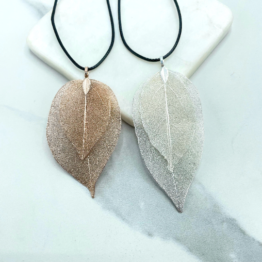 18k Rose Gold Filled or Silver Filled Double Layered Large Pendant Hand Made with Real Leaf & Black Cord Chain Necklace