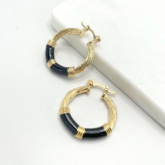 18k Gold Filled Black Enamel Twisted Hoop Earrings