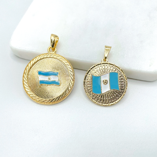 18k Gold Filled Texturized El Salvador or Guatemala Medal Flag Pendant