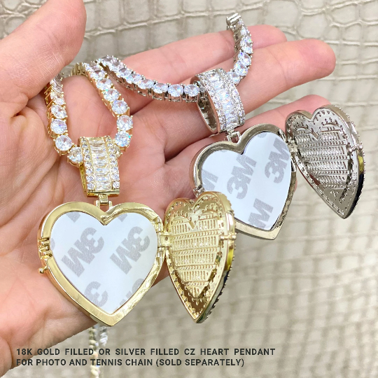 18k Gold Filled or Silver Filled Clear CZ Locket Heart Pendant for Picture Photo & Tennis Chain
