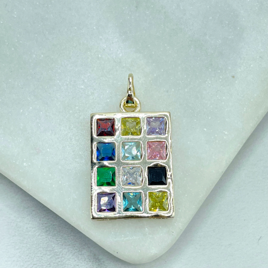 18k Gold Filled Colored, Colorful CZ Rectangular Pendant, Fashion Fancy Charm