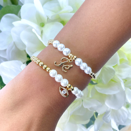 18k Gold Filled Simulated Pearl and Gold Beads with "Fé" (Faith in Portuguese) Charms Bracelet, Wholesale Jewelry Making Supplies