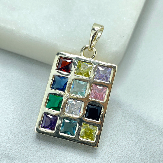18k Gold Filled Colored, Colorful CZ Rectangular Pendant, Fashion Fancy Charm