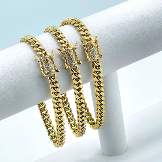 14k Gold Filled Miami Cuban Link 6mm Bracelet Double Safety Lock Box Clasp In Micro Pave CZ