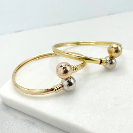 18k Gold Filled Wrist Cuff Bangle with Two Toned Balls