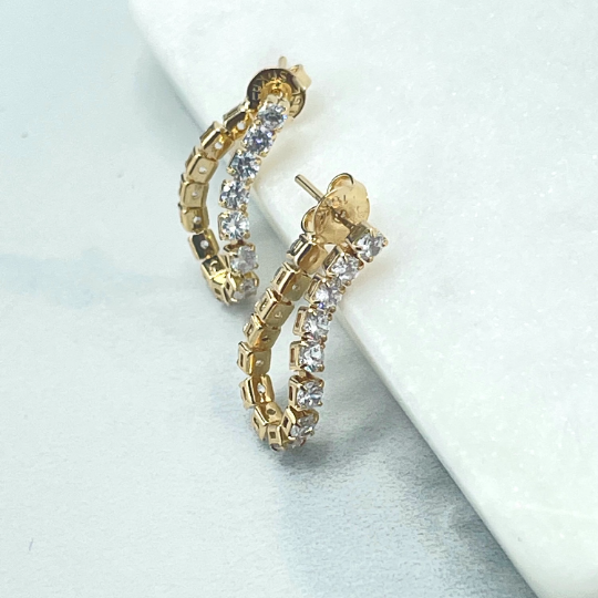 18k Gold Filled Clear Tennis Chain Loose Hoop Stud Earrings, 03 different sizes