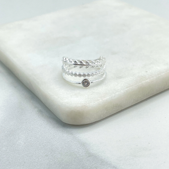 925 Sterling Silver Clear Cubic Zirconia Simulated Stackable Layered Ring, Leaves & Flowers