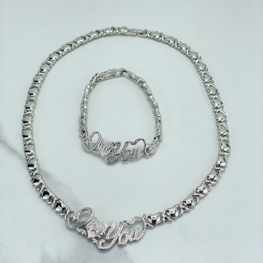 Silver Filled XoXo Hug and Kisses Chain Shape with "I love You" Words Necklace & Bracelet Set
