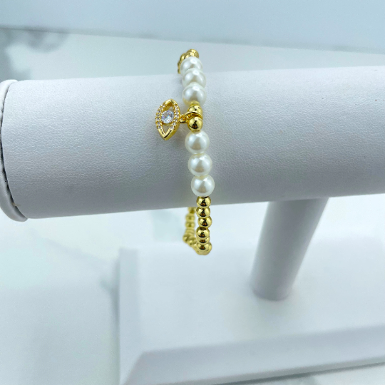 18k Gold Filled Simulated Pearl and Gold Beads with "Fé" (Faith in Portuguese) Charms Bracelet, Wholesale Jewelry Making Supplies