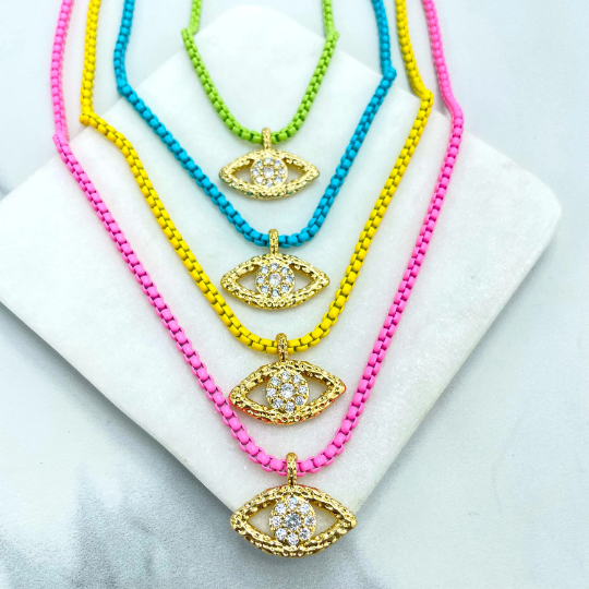 18k Gold Filled Colorful Enamel Box Chain with Clear CZ Pendant Evil Eye Necklace, Lucky & Protection, Wholesale Jewelry Making Supplies