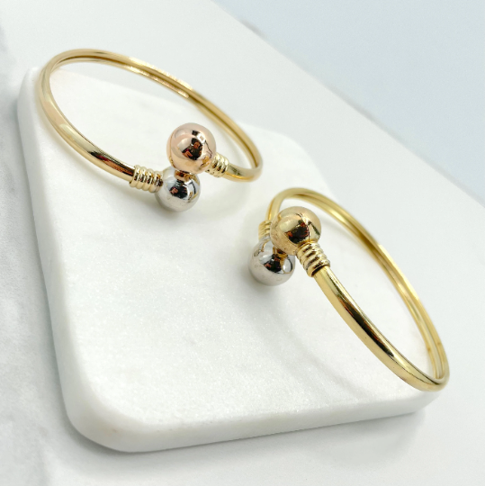18k Gold Filled Wrist Cuff Bangle with Two Toned Balls