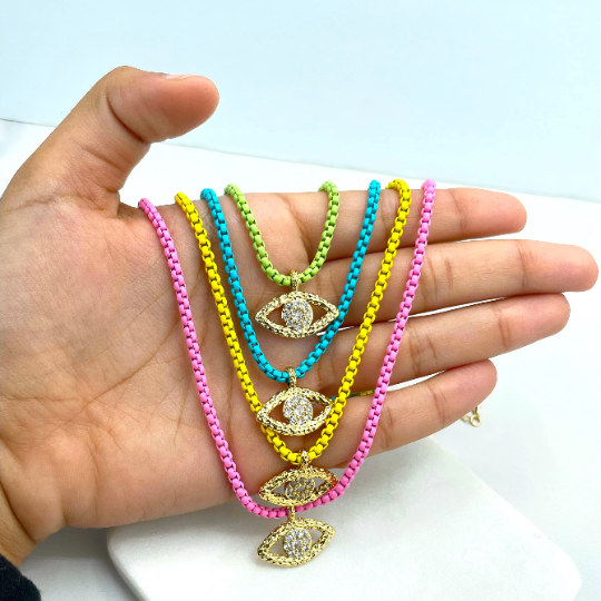 18k Gold Filled Colorful Enamel Box Chain with Clear CZ Pendant Evil Eye Necklace, Lucky & Protection, Wholesale Jewelry Making Supplies