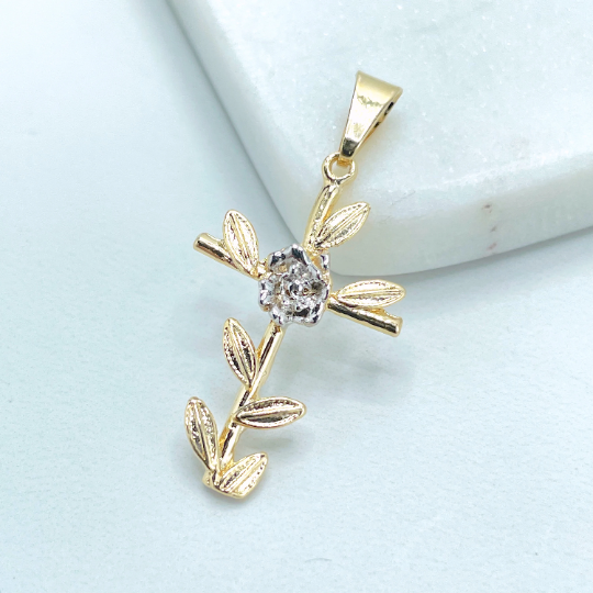 18k Gold Filled Two Tone Cross Shape with Flower, Leaves & Branches Charms Pendant