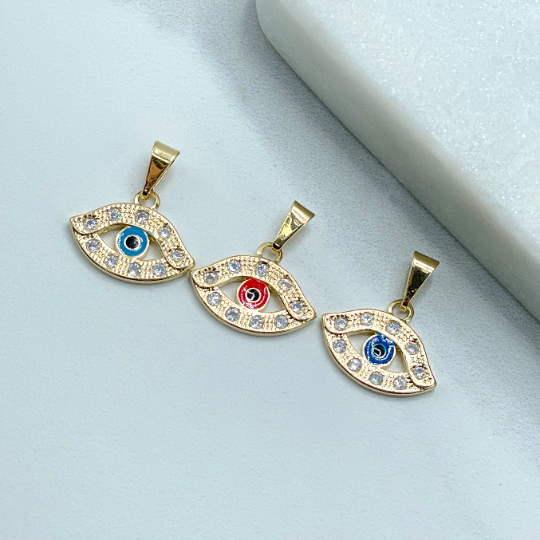 18k Gold Filled Eye with Clear Cubic Zirconia Red, Dark Blue or Blue Evil Eye Charms Pendant, Wholesale Jewelry Making Supplies