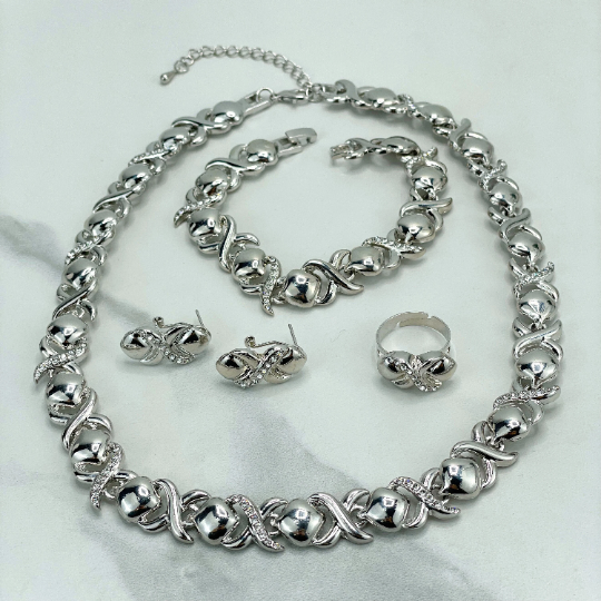 Silver Filled Clear Cubic Zirconia Details, XoXo Hug and Kisses Chain Shape SET, 04 Pieces