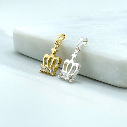 18k Gold Filled Silver Filled Cubic Zirconia VW Delicate, Designer Crown Pendant, Gold or Silver, Wholesale Jewelry Making Supplies