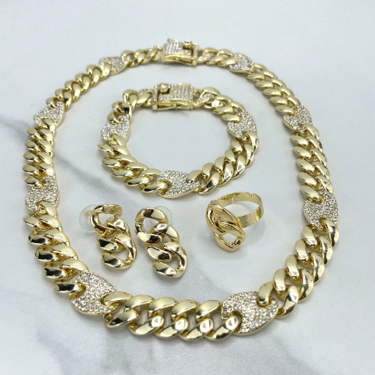 18k Gold Filled Curb Link Chain & Mariner Link with Cubic Zirconia Detail SET, Double Safety Lock Box CZ