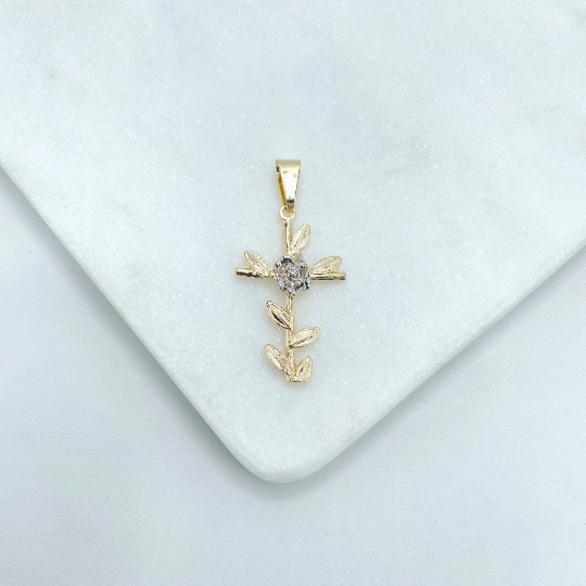 18k Gold Filled Two Tone Cross with Flower Pendant