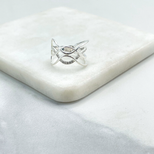 925 Sterling Silver Clear Cubic Zirconia Simulated Stackable Layered Ring, Cutout Waves