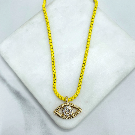 18k Gold Filled Colorful Enamel Box Chain with Clear CZ Pendant Evil Eye Necklace, Lucky & Protection, Wholesale Jewelry Making Supplies
