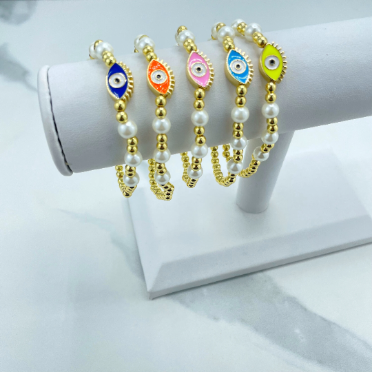 18k Gold Filled Simulated Pearl and Gold Beads Bracelet with Enamel Colored Evil Eye Shape Charm Wholesale Jewelry Making Supplies