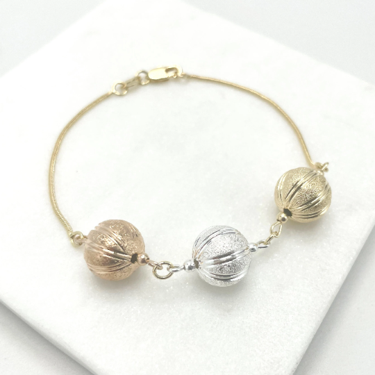 18k Gold Filled Three Tone, Tri-Color Texturized Balls Bracelet
