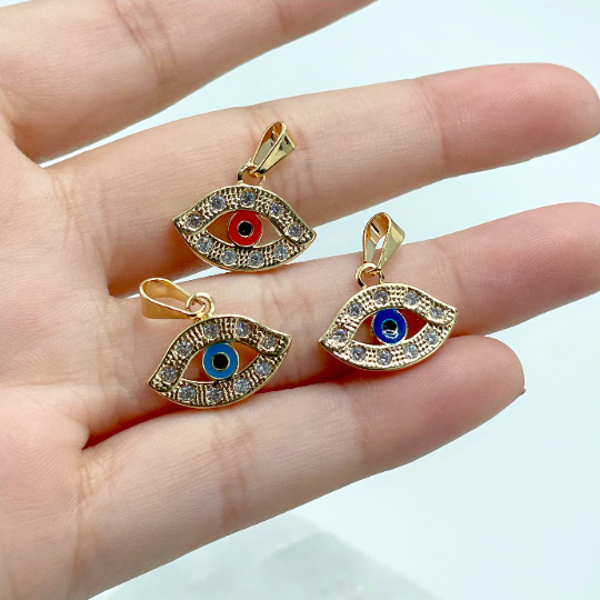 18k Gold Filled Eye with Clear Cubic Zirconia Red, Dark Blue or Blue Evil Eye Charms Pendant, Wholesale Jewelry Making Supplies